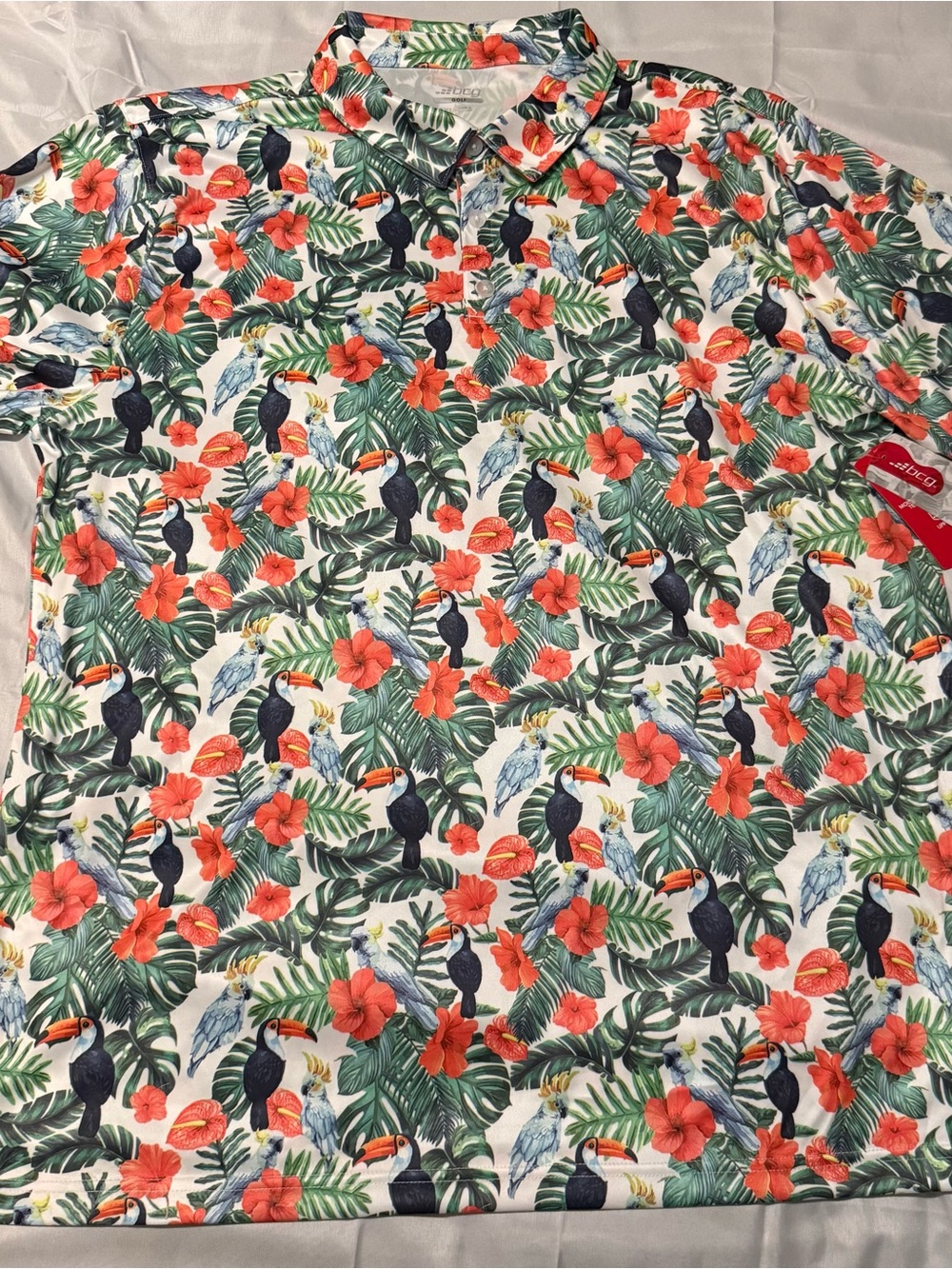 bcg Tropical Toucan Print Polo in White, Green & Coral